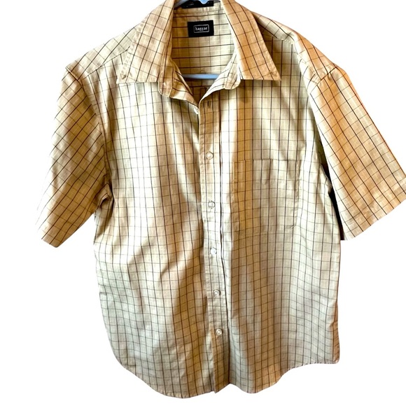 Haggar Mens Large Yellow Plaid Check Short Sleeve Button Up Casual Shirt Med EUC - Picture 1 of 6